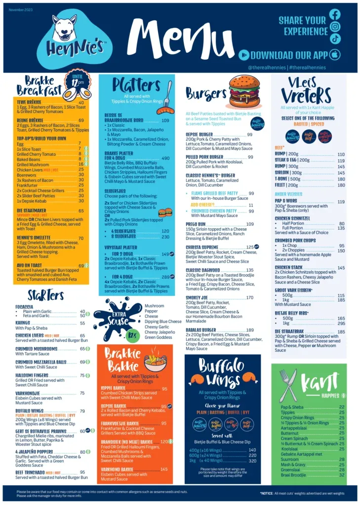 Hennie’s George Menu new prices