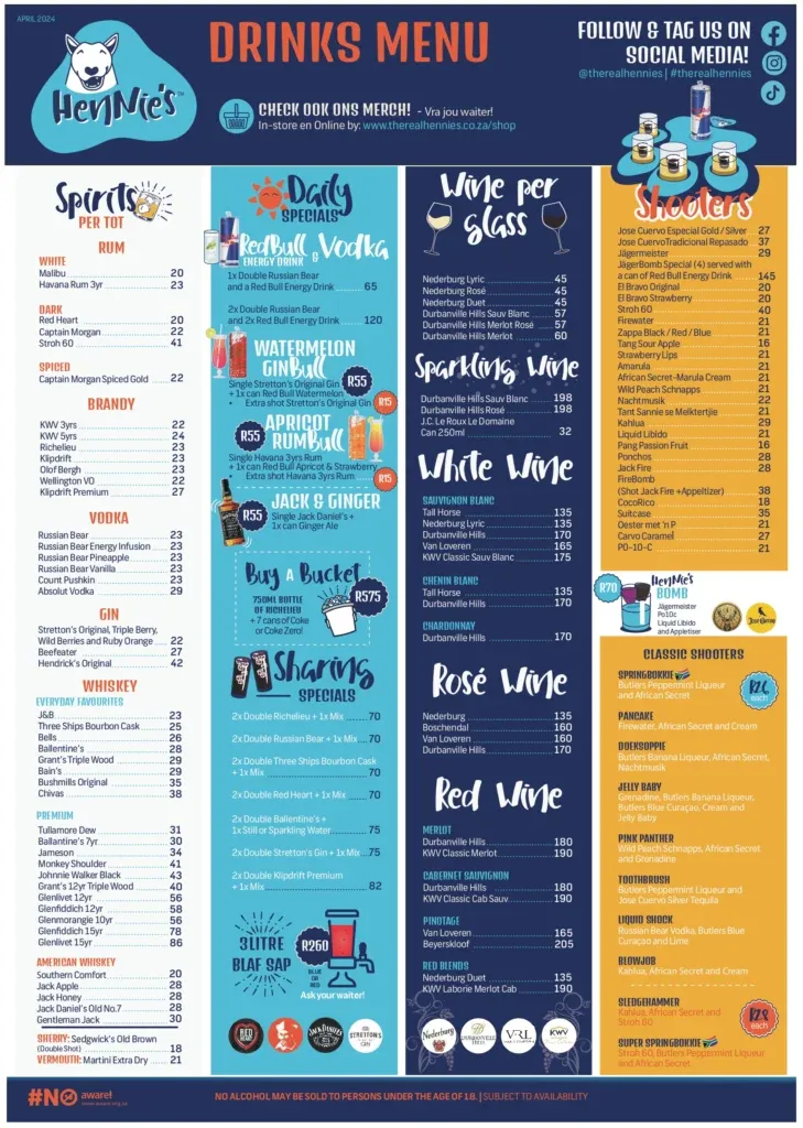 Hennie’s George Menu With Updated Prices in South Africa 2026